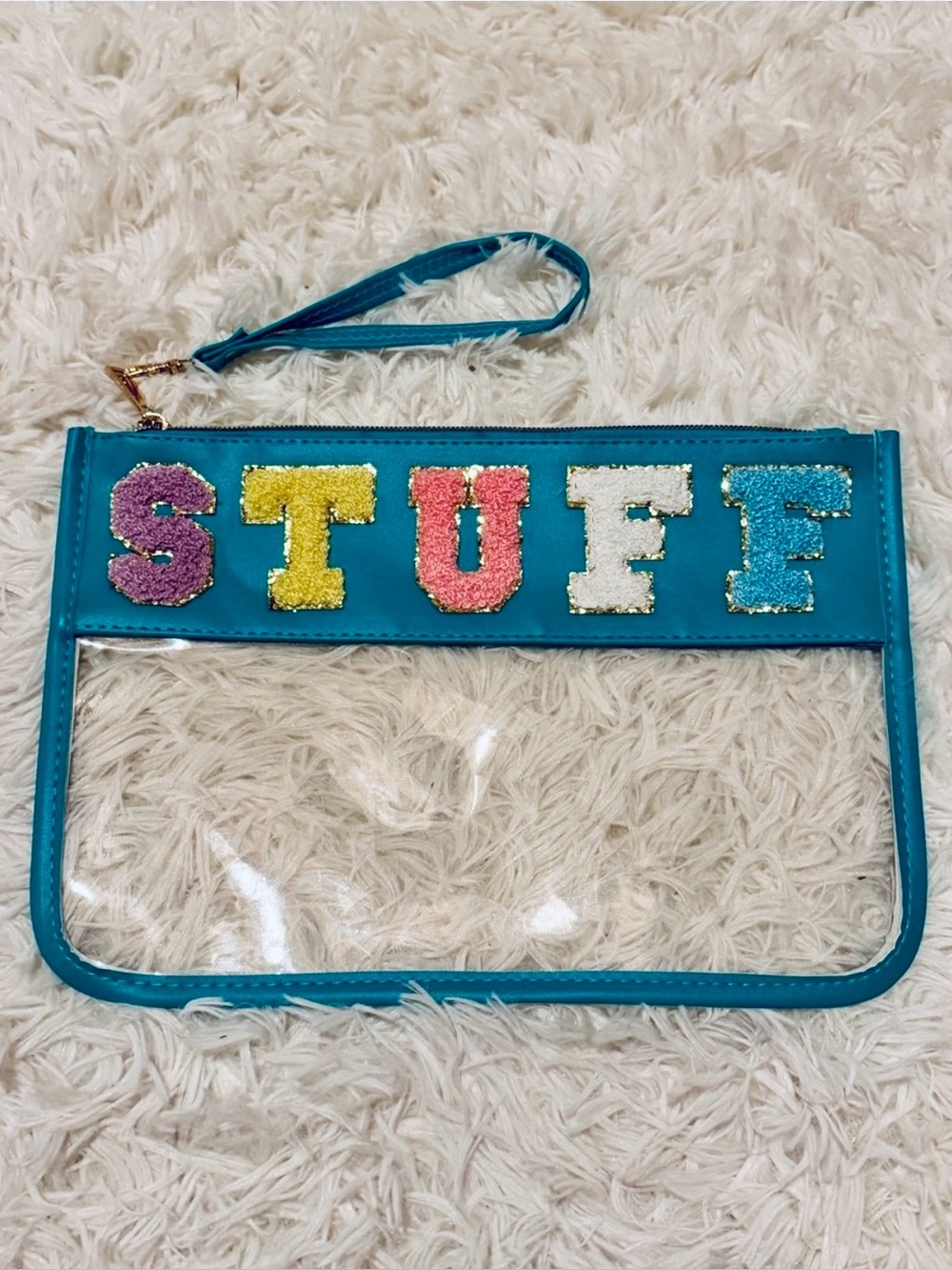 Teal Clear Wristlet Pouch with Colorful 'STUFF' Letters NWOT